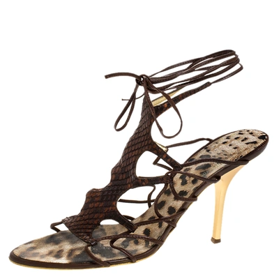 Pre-owned Roberto Cavalli Brown Python Lace Up Ankle Tie Sandals Size 40