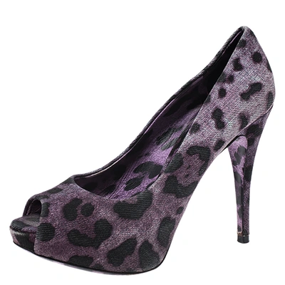 Pre-owned Dolce & Gabbana Purple/black Leopard Print Canvas Peep Toe Pumps Size 37