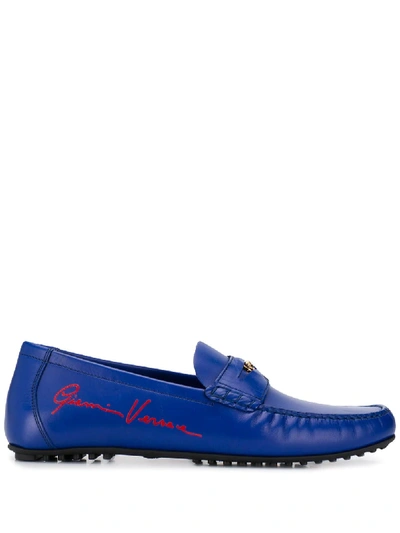 Versace Signature Printed Loafers In Blue