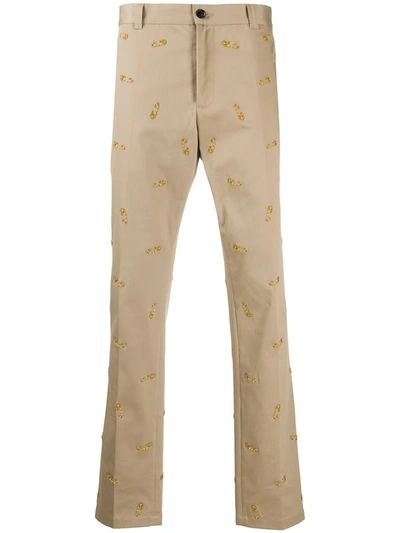 Versace Embroidered Safety Pins Trousers In Neutrals