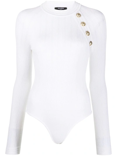 Balmain Button-embellished Knitted Bodysuit In White