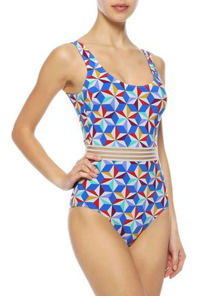 Emma Pake Coco Mesh-trimmed Printed Swimsuit In Bright Blue