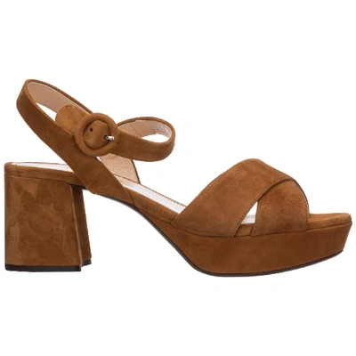 Prada Women's Suede Heel Sandals T-strap In Camel