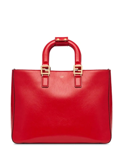 Fendi Women's Leather Handbag Tote Shopping Bag Purse Ff In Red