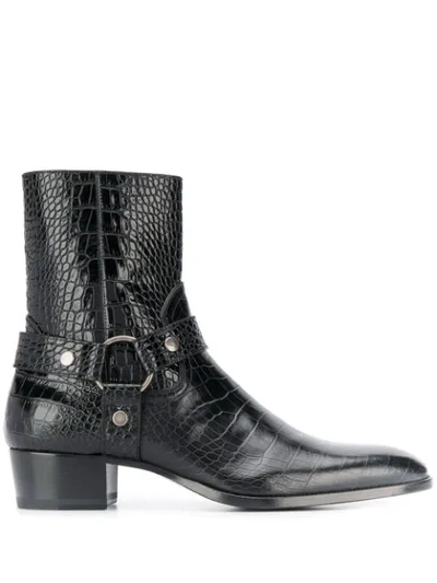 Saint Laurent Black Croc Wyatt Harness Boots In Black