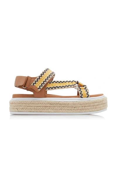 Prada Nomad Embroidered Canvas And Leather Espadrille Sandals In Tan