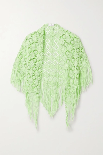 Miguelina Kiana Fringed Crocheted Cotton Shawl In Green