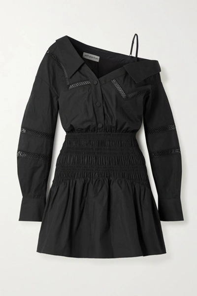 Self-portrait One-shoulder Crochet-trimmed Shirred Cotton-poplin Mini Dress In Black
