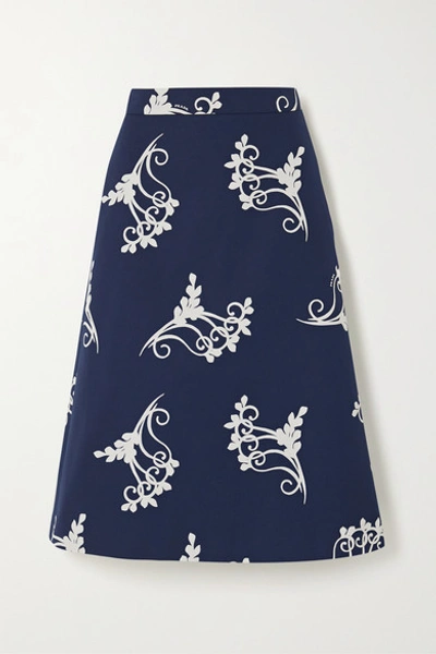 Prada Printed Cotton-poplin Midi Skirt In Blue