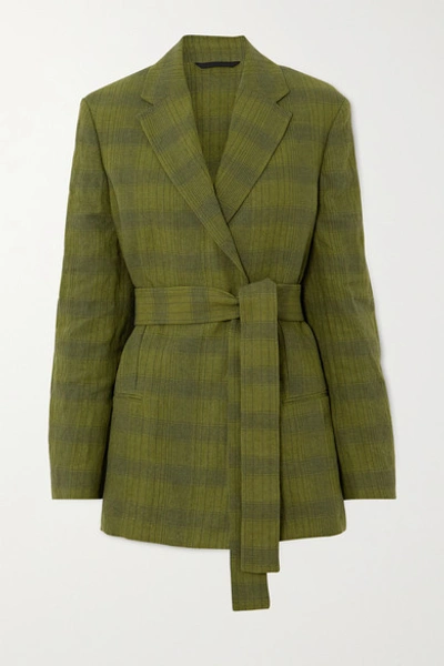 Acne Studios Oversized Belted Double-breasted Checked Linen-blend Blazer In Green