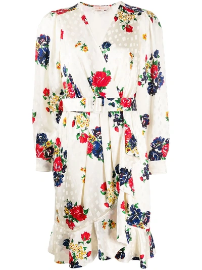Tory Burch Belted Ruffled Floral-print Silk-satin Jacquard Wrap Dress In Ivory Tea Rose