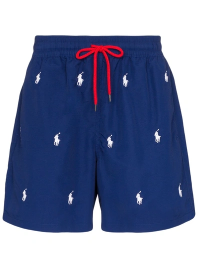 Polo Ralph Lauren All Over Logo Embroidery Swim Shorts In Blue