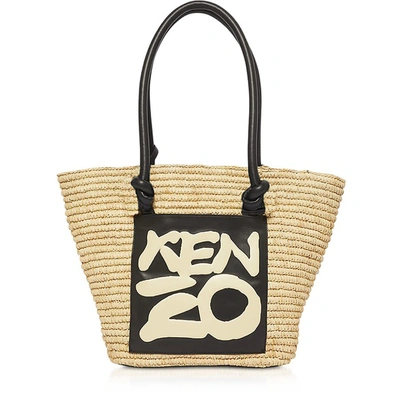 Kenzo Mini Raffia & Faux Leather Bucket Bag In Cream