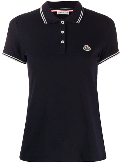 Moncler Pique Polo With Striped Trims In Dark Blue