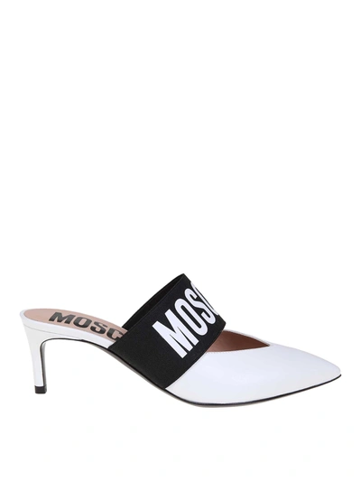 Moschino Logo Band White Leather Mules