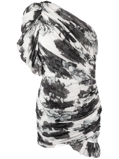 Alexandre Vauthier Puff-shoulder Asymmetric Floral-print Mini Dress In Blk/wht