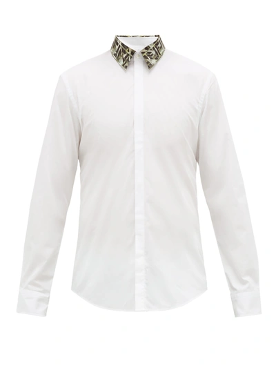 Fendi Ff-logo Collar Cotton-poplin Shirt In White,green