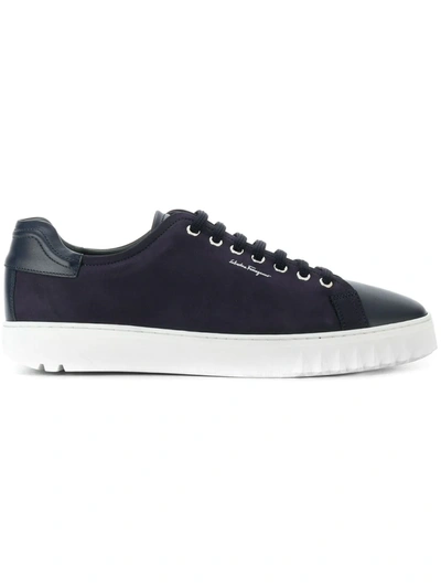 Ferragamo Cube Leather And Suede Sneakers In Blue