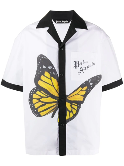 Palm Angels Butterfly Print Cotton Bowling Shirt In White