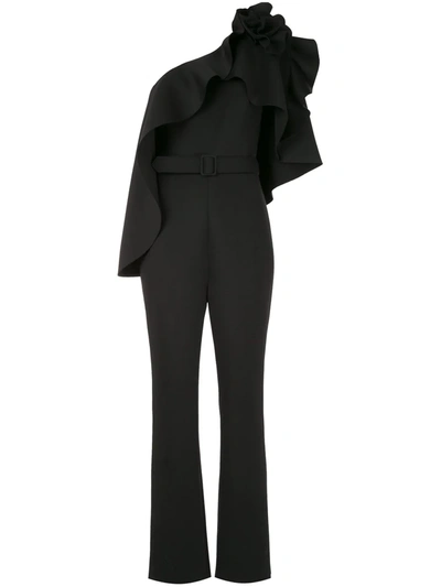 Badgley Mischka One-shoulder Belted Ruffled Scuba Jumpsuit In Black
