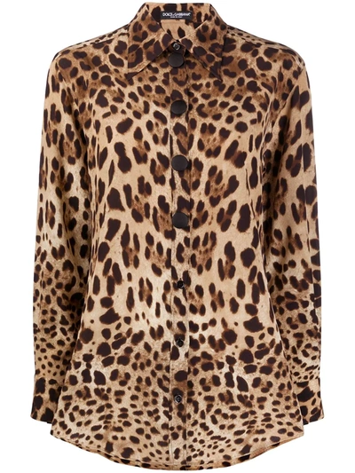 Dolce & Gabbana Leopard-print Stretch-silk Crepe De Chine Shirt In Brown