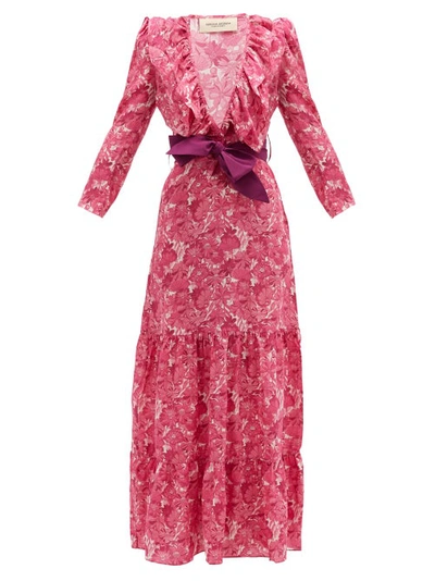 Adriana Degreas Ruffled V-neck Floral-print Silk Maxi Dress In Pink