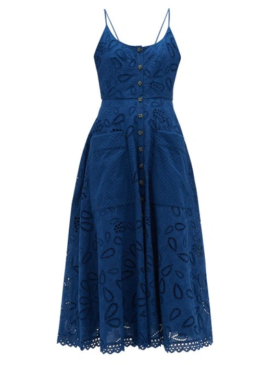 Saloni Fara Cotton Broderie Anglaise Midi Dress In Deep Blue/ Mural - 306/ 5387