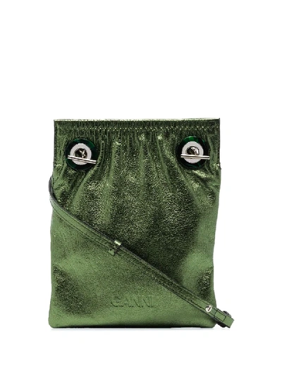 Ganni Ruched Eyelet-detailed Crossbody Bag In Green