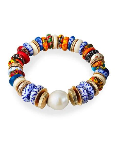 Akola Pearl And Bead Stretch Bracelet In Blue Pattern