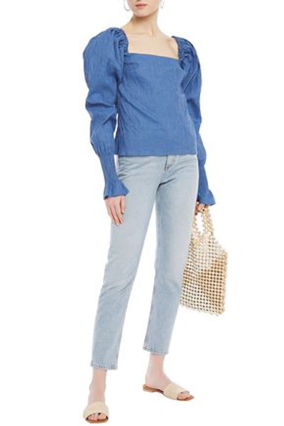 Anna Quan Marta Gathered Crinkled-jacquard Blouse In Blue