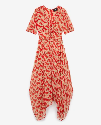 The Kooples Red Long Printed Dress With Frills In Red/ecru