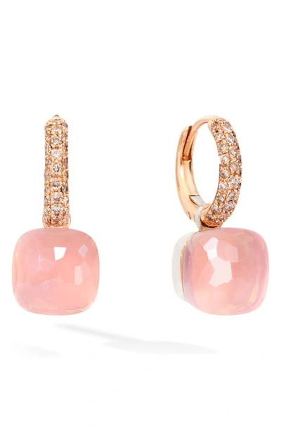 Pomellato 18k White Gold & 18k Rose Gold Nudo Rose Quartz, Chalcedony And Brown Diamond Dangle Hoop Earrings