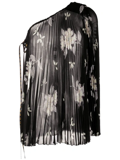 Etro Floral Print Asymmetric Pleated Blouse In Black