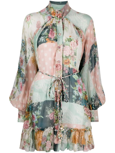 Zimmermann Wavelength Smock Belted Printed Silk-georgette Mini Dress In Multicolor
