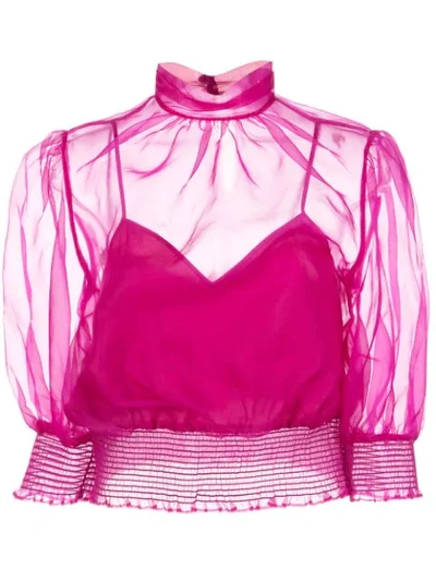 Cinq À Sept Cleo Puff Sleeve Silk Crop Top In Pink Ruby