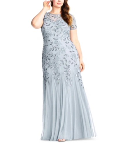 Adrianna Papell Plus Floral Embellished Godet Gown In Blue Heather