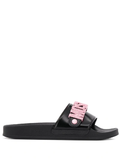 Moschino Women's Embellished-logo Slide Sandals In Black