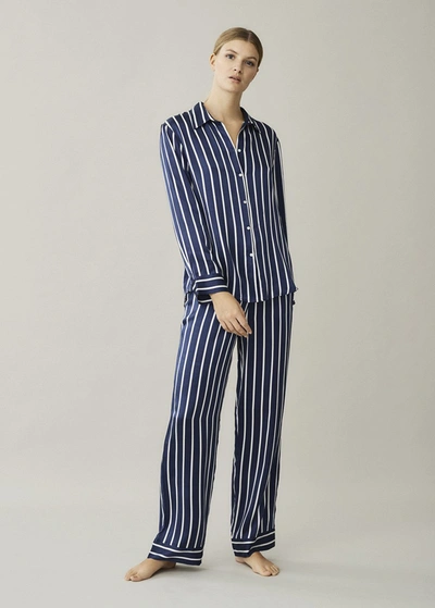 Asceno London Navy Stripe Silk Pyjama Bottom In Printed