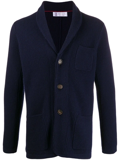 Brunello Cucinelli Ribbed Buttoned Cardigan In Blue