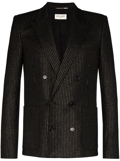 Saint Laurent Pinstripe Silk And Wool Blend Double-breasted Blazer In Black