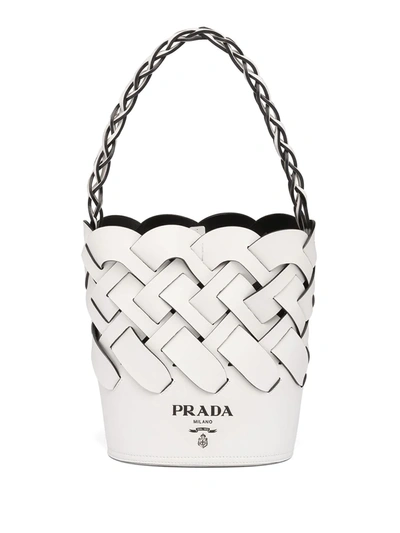 Prada Woven Leather Bucket Bag In White