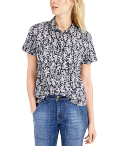 Tommy Hilfiger Floral-print Button-up Cotton Shirt In Summerset Stencil- Sky Captain/ivory