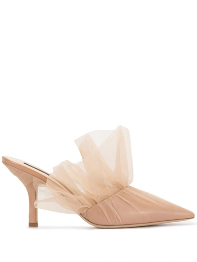 Midnight 00 Antoinette Tulle-covered Patent-leather Mules In Neutrals