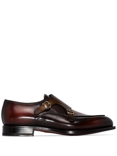Santoni Polished-leather Monk-strap Shoes In Brown