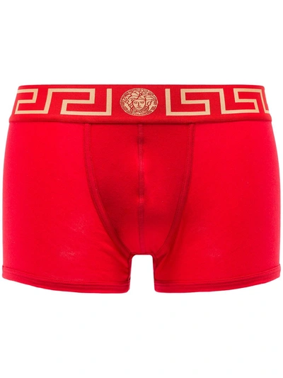 Versace Greca Border Long Boxer Trunks In Red