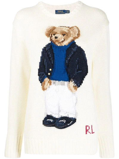 Polo Ralph Lauren Bear Intarsia Cotton Knit Sweater In White