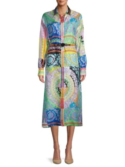 Versace Printed Silk Belted Dress In Multi