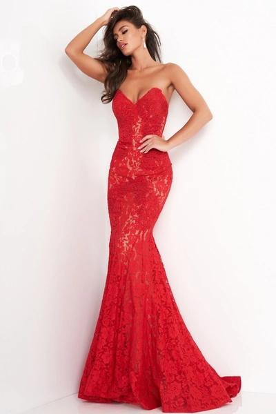 Jovani Open Back Floral Beaded Gown In Red