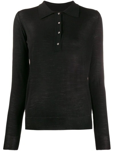 Nuur Fine Knit Sheer Style Polo Top In Black