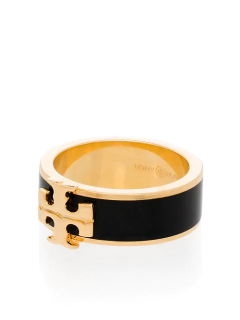 Tory Burch Gold Tone Kira Enamel Raised Logo Ring In Tory Gold / Black |  ModeSens